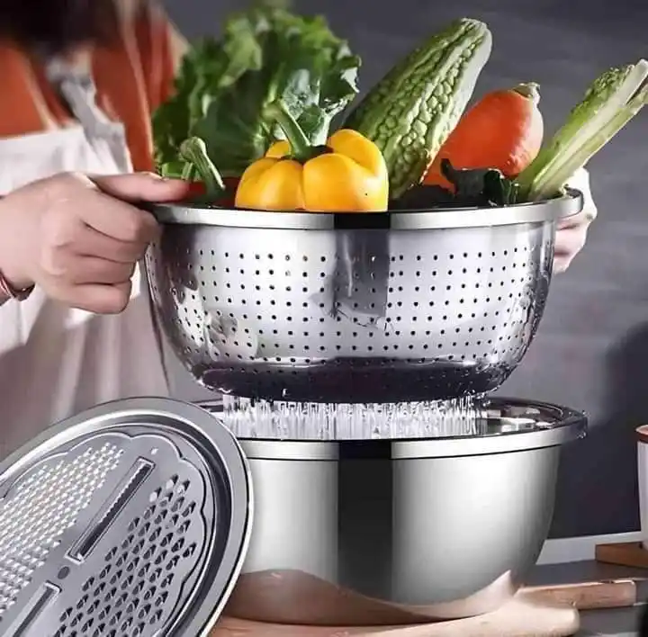 3 In 1 Multifunctional Stainless Steel Basin With Vegetable Cutter + Drain Basket
