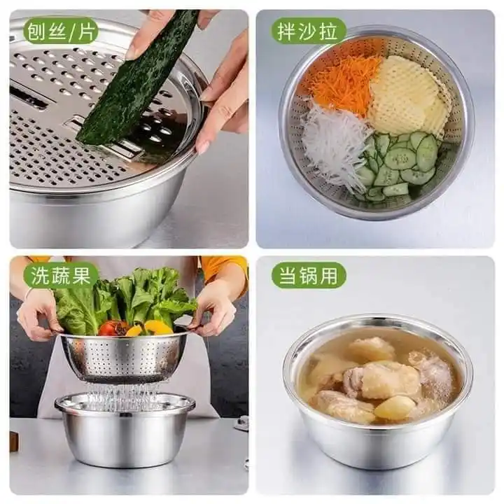 3 In 1 Multifunctional Stainless Steel Basin With Vegetable Cutter + Drain Basket
